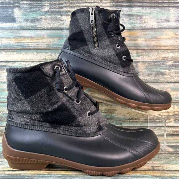 Sperry Womens 7.5M Waterproof Rain Boot Black Gray Plaid Zip Up Winter Booties - Picture 1 of 13